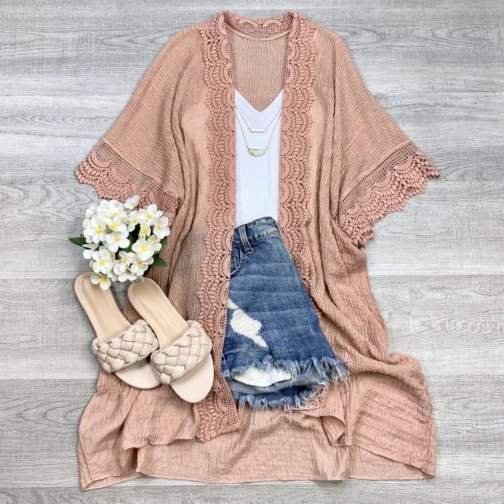 Scallop Lace Trim Kimono | MAUVE - Picture 4 of 4